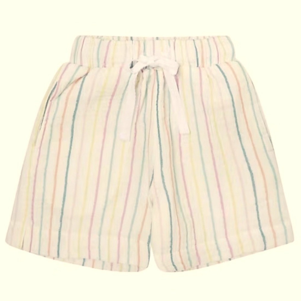GIRLS LINEN SHORTS Rainbow Striped Drawstring Kids Cream Beach Youth Large 14/16